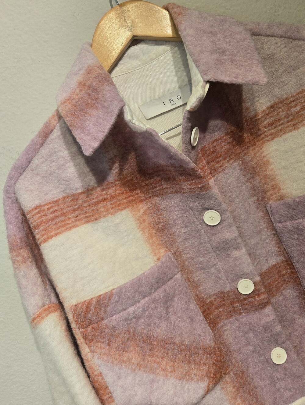 IRO Lahiana Pink Plaid Wool Bomber Jacket Cropped FR Size 36 US 4 Oversized
